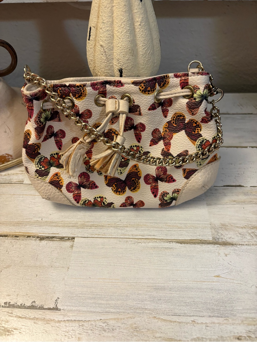 Liz Claiborne Cream Mini Drawstring Bag with Multicolor Butterfly Print